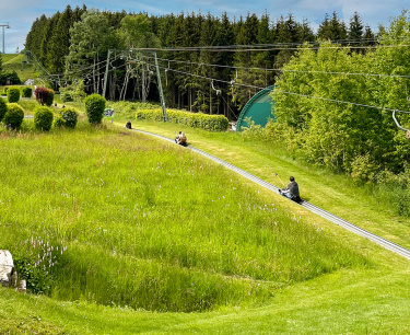 Personen rodeln auf einer Sommerrodelbahn durch eine grüne Wiesenlandschaft mit Blick auf Wald und Seilzuganlage