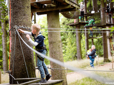 Ein Junge klettert mit Sicherungsgurt durch einen Hochseilgarten im Wald – im Hintergrund Kinder zwischen den Bäumen.